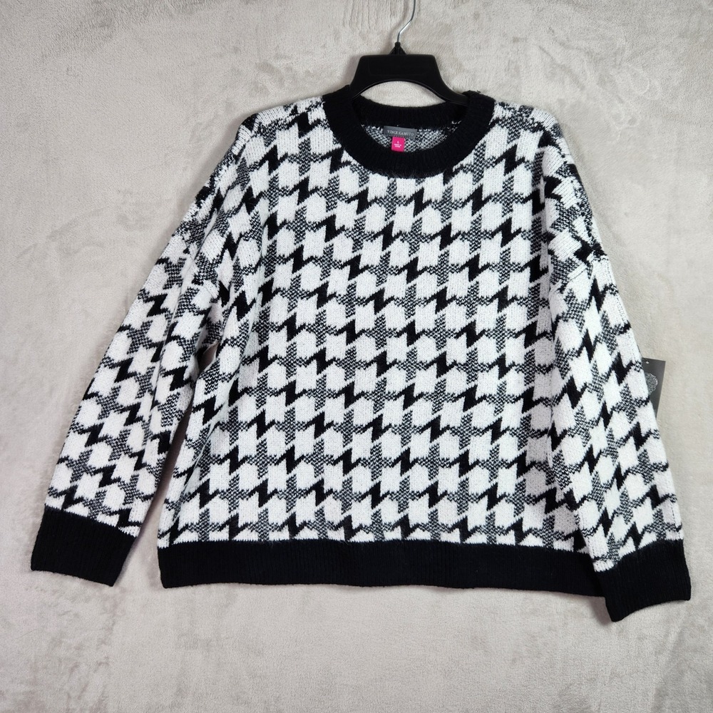 Vince Camuto Sweater Womens Large Black White Houndstooth Knit Cozy NWT